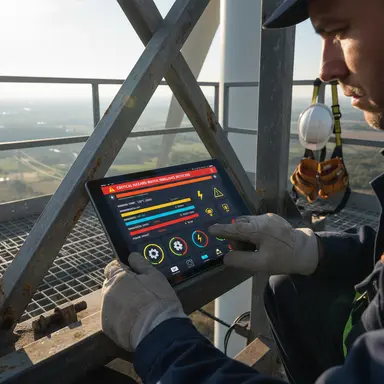 Technician using tablet interface on tower